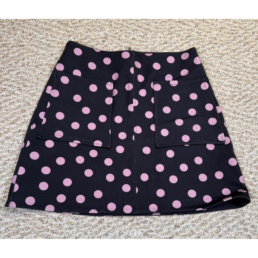 Maeve Anthropologie Pink Polka Dot A-Line Mini Skirt Black Patch Pockets Small